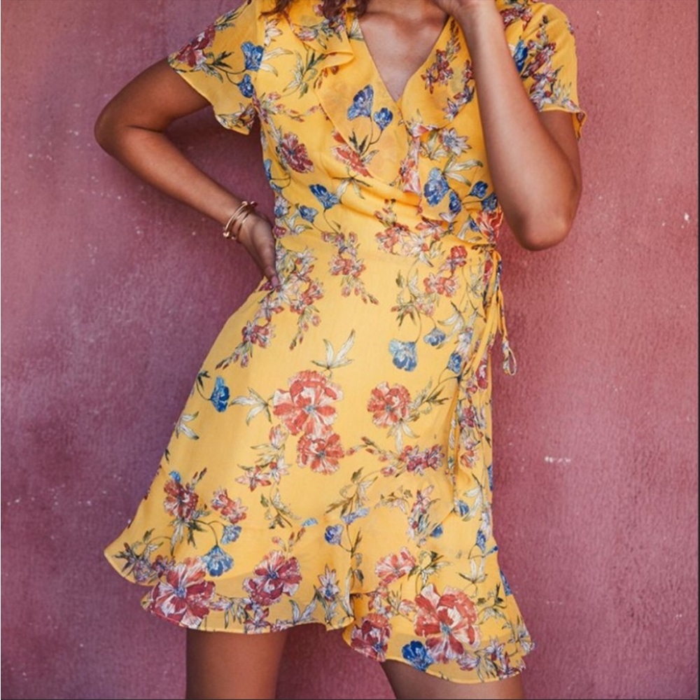 Yellow Nordstrom Lush Floral Wrap Dress